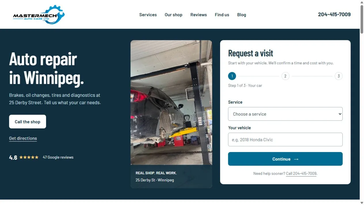 MasterMech Auto Care website concept featuring the Winnipeg workshop and service request journey